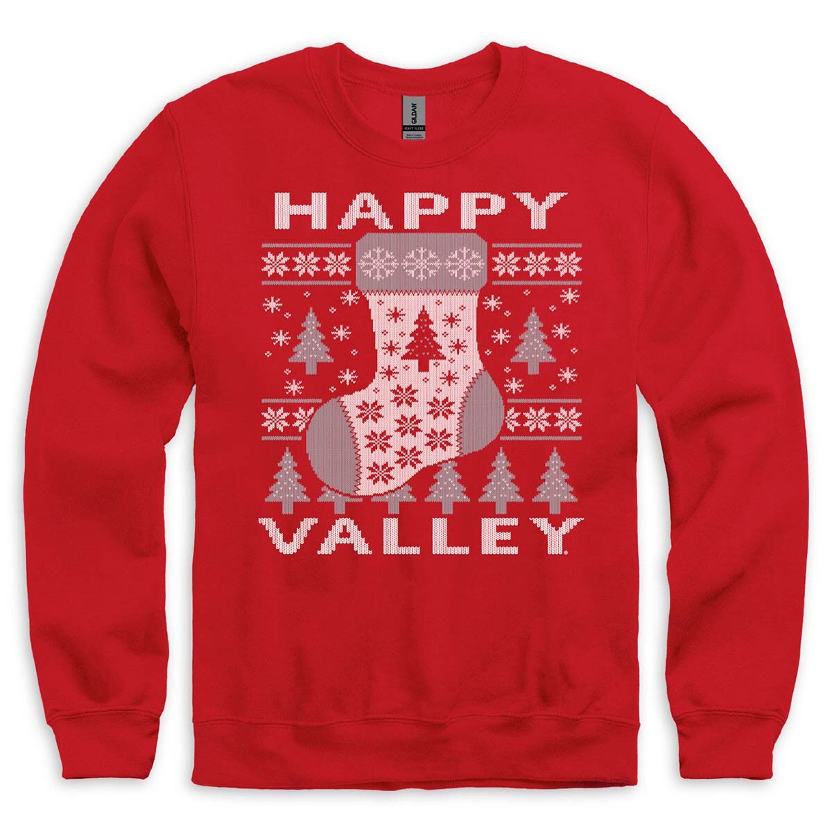 red crew neck sweatshirt Happy Valley holiday stocking